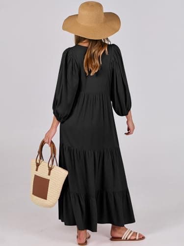 ANRABESS Womens Boho Maxi Dresses 2025 Summer V Neck Puff Sleeve Floral Flowy Swing Fall Casual Long Dress Black Large - Image 4