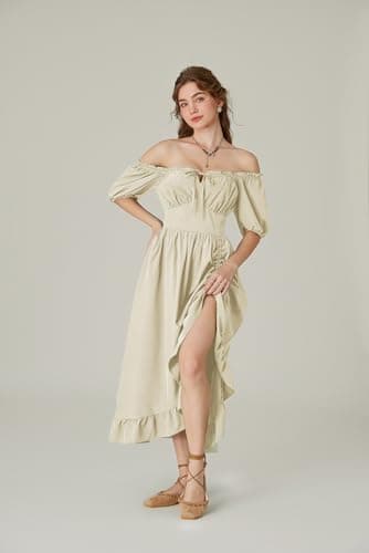Cottagecore Off The Shoulder Medieval Renaissance Fairy Dress - Beige S - Image 6