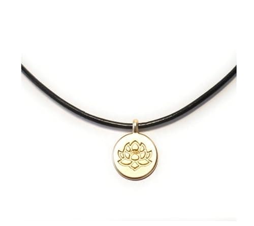 Lotus Flower 18K Gold Plated Brass Pendant Comfort Necklace Leather Cord Spiritual Yoga Meditation Gift Boxed Black 18 Inch - Image 1