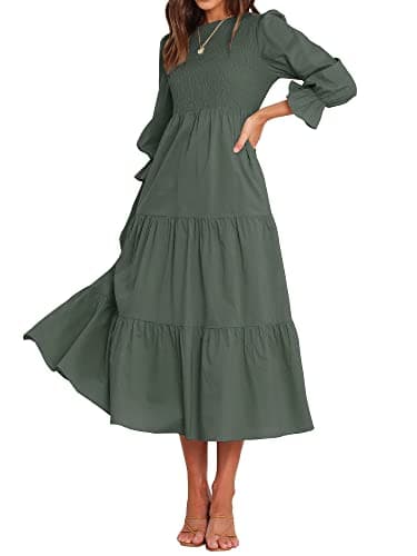 BTFBM Women Casual Long Sleeve Dress Fall Dresses 2025 Solid Color Relaxed Fit Smocked Tiered Flowy Boho Long Dresses(Solid Army Green,Large) - Image 1