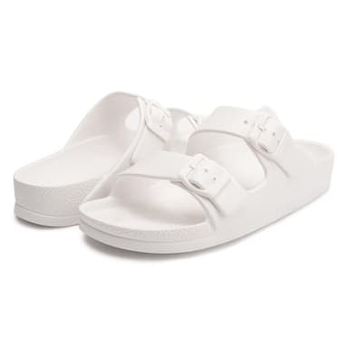 FUNKYMONKEY Women's Comfort Slides Double Buckle Adjustable EVA Flat Sandals (9 M US-Women, White) - Image 6