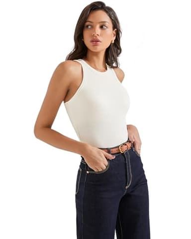 SUUKSESS Women Padded Cotton Ribbed Tank Tops 2025 Sleeveless High Neck Racerback Basic Tops(Cream White, M) - Image 5