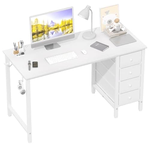 Lufeiya White Computer Desk with Fabric Drawers, 47 Inch Reversible Study Work Writing Desk for Home Office Bedroom, Simple Modern Cute PC Desks with Drawer, White - Image 1