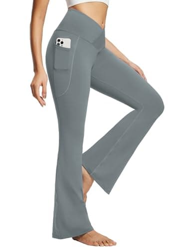 baleaf Women's Flare Leggings with Pockets High Waisted Yoga Pants Casual Workout Wide Leg Pants Light Grey 29" S - Image 1