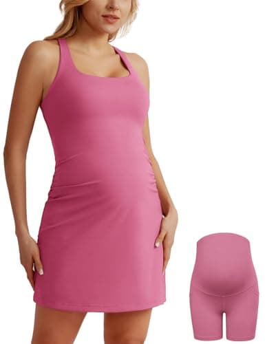 Maacie Maternity Tennis Dress with Shorts & Built in Bra Scoop Neck Sleeveless A-line Workout Golf Dress with Pocket Pink S - Image 1