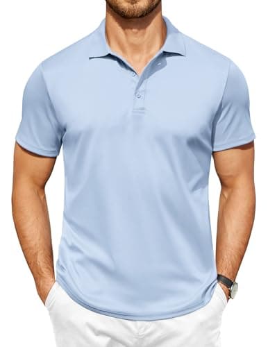 COOFANDY Mens Short Sleeve Polo Shirt Collared 100% Cotton Quick Drying Tactical Shirts Athletic Golf Shirts Light Blue - Image 1