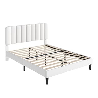 VECELO Full Size Bed Frame with Upholstered Headboard, Velvet Platform Bedframe Mattress Foundation, Strong Wood Slat Support, No Box Spring Needed,White - Image 6