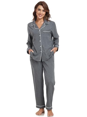 EA'S SECRET Womens Cotton Pajama Sets Long Sleeve Sleepwear Soft Button Down Loungewear Nightwear Pjs Set with Pocket S-XXL (Deep Grey,L) - Image 2