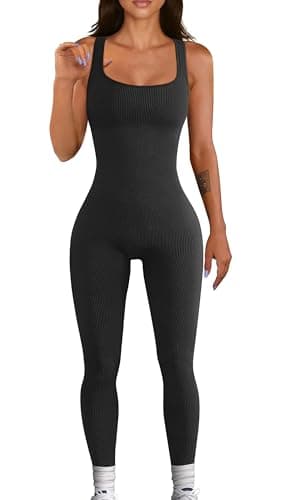 YIOIOIO Women Workout Seamless Jumpsuit Yoga Ribbed Bodycon One Piece Square Neck Leggings Romper - Image 1