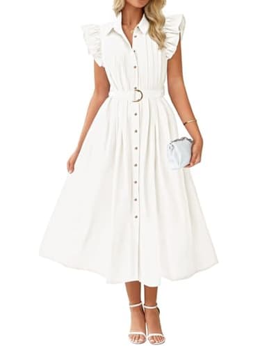 ZESICA Women's 2025 Summer Boho Button Midi Dresses Casual V Neck Flutter Sleeve Belted Long Dresses with Pockets,White,Large - Image 1