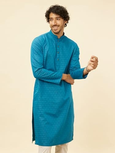 Manyavar Men Blended Cotton Self Design Kurta Pyjama Set XL Blue - Image 3