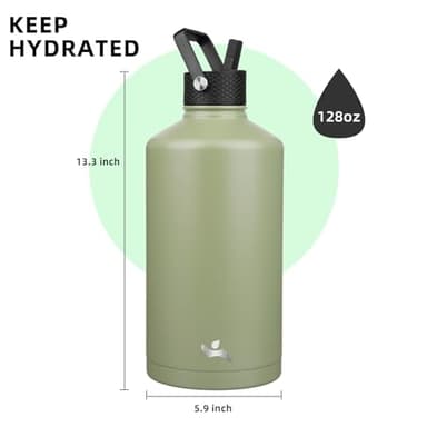 Konokyo Gallon Insulated Water Bottle with Straw,128 oz 3 Lids Water Jug with Carrying Bag,Paracord Handle, Double Wall Vacuum Stainless Steel Metal Flask,Camp Green - Image 3