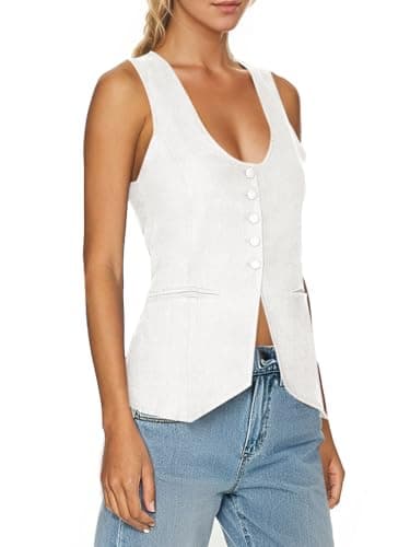 Tankaneo Womens Scoop Neck Blazer Vest Summer Linen Sleeveless Fitted Waistcoat Work Casual Cotton Suit Tops - Image 2