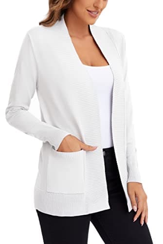 Urban CoCo Women's Lightweight Open Front Knit Cardigan Sweater Long Sleeve with Pocket (White, M) - Image 4