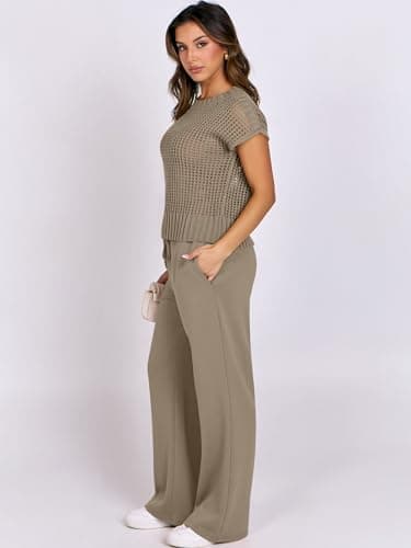 ANRABESS Women Two Piece Outfits Crochet Sheer Knit Sweater Top Wide Leg Pants Lounge Matching Sets Sweatsuit Travel Clothes Light Brown Large - Image 9