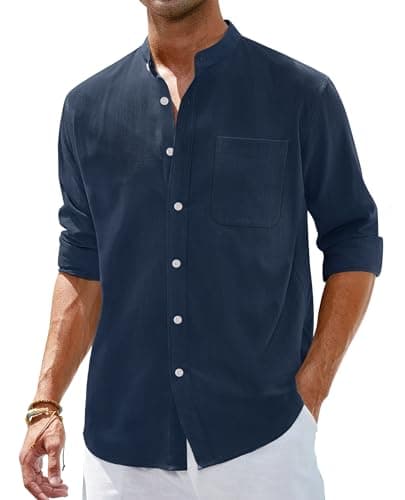 Alimens & Gentle Men's Cotton Linen Shirts Long Sleeve Button Down Shirt Band Collar Beach Shirts Navy Blue - Image 1