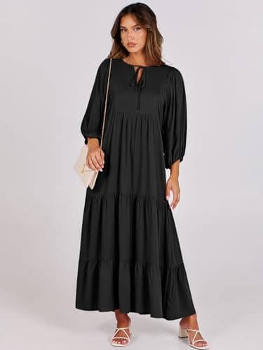 ANRABESS Womens Boho Maxi Dresses 2025 Summer V Neck Puff Sleeve Floral Flowy Swing Fall Casual Long Dress Black Large - Image 6
