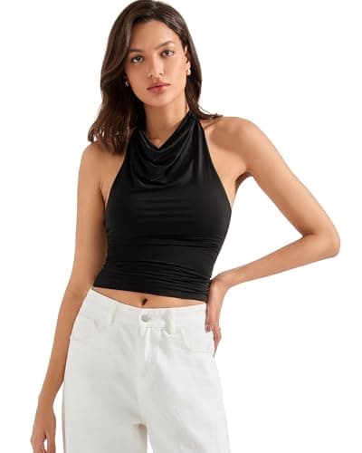 SUUKSESS Women Halter Backless Tank Tops Sexy Cowl Neck Summer Going Out Tops Sleeveless Camisole Top (Black,S) - Image 1