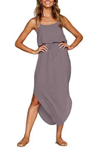 NERLEROLIAN Women's Adjustable Strappy Split Summer Beach Casual Midi Dress Dark Gray - Image 1