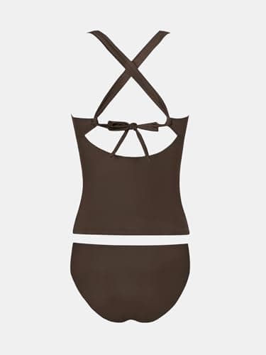CUPSHE Women's Tankini Set Two Piece Swimsuit Mid Rise V Neck Crisscross Adjustable Straps Cutout Ruched, L Dark Brown - Image 7