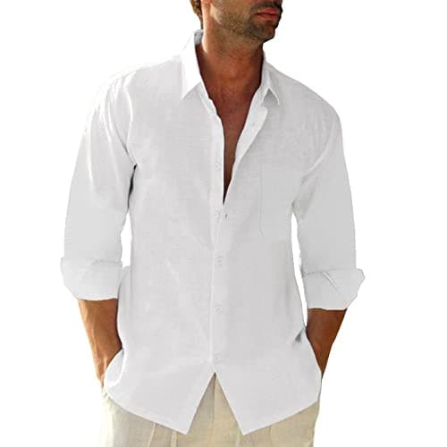 JEKAOYI Button Down Linen Shirts for Men Casual Long Sleeve Regular Fit Cotton Beach Shirts with Pocket White - Image 1