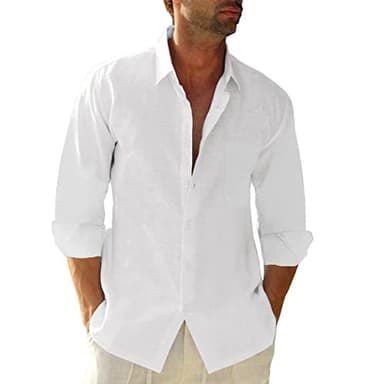 JEKAOYI Button Down Linen Shirts for Men Casual Long Sleeve Regular Fit Cotton Beach Shirts with Pocket White - Image 1