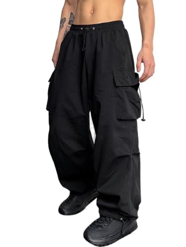 ZAFUL Flat Pocket Parachute Pants for Men Causal Baggy Cargo Pants Unisex Street Y2K Pants Drawstring Trousers Black XL - Image 1