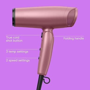 Conair Hair Dryer with Diffuser and Folding Handle, 1875W Travel Blow Dryer with Concentrator, Radiance Boost with Nano-Quartz Ceramic for Less Frizz, More Shine, and Silky Hair, Dusty Rose - Image 4