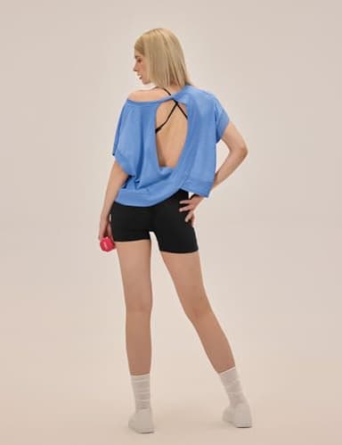 UNIANKIYA Open Back Workout Tops for Women Loose Fit Athletic Crop Tee Short Sleeve Gym Running Yoga Shirt Blue - Image 2