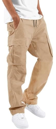HUNGSON Mens Cargo Pants Drawstring Casual Hiking Pants Joggers Athletic Trousers Cotton Loose Straight Sweatpants for Men Light Khaki - Image 1