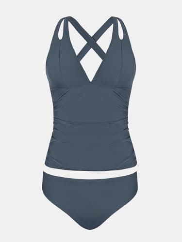 CUPSHE Women's Tankini Set Two Piece Swimsuit Mid Rise V Neck Crisscross Adjustable Straps Cutout Ruched, M Grey - Image 6