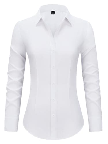 Button Down Shirts for Women Fitted Dress Shirt Long Sleeve Collared Blouse Work Business Office Attire Fall Outfits - All White M - Image 1