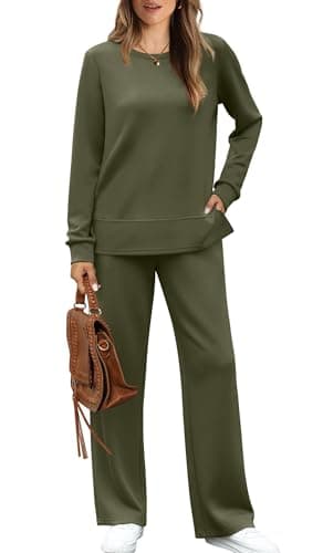 WIHOLL Women Two Piece Sets Casual Fall Long Sleeve Tracksuit Wide Leg Outfits Oversized Loungewear Women's 2 Piece Lounge Sets Green XXL - Image 1
