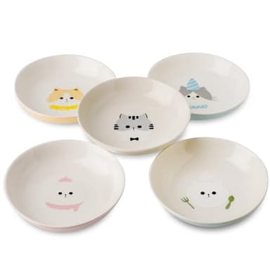 Ceramic Cat Bowls Set - 5.7 inch Wide Cat Food Bowls Whisker Fatigue Friendly, 5 Colorful Kitten Dish Plates with Cute Pattern for Wet and Dry Food Water - Image 2