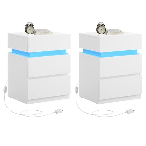 VASAGLE Nightstands with LED Lights, Set of 2, Adjustable Light Colors, Bedside Tables, Side Tables with 3 Drawers, Modern Style, 13.8 x 15.7 x 21.7 Inches, Cloud White ULET799T12 - Image 1