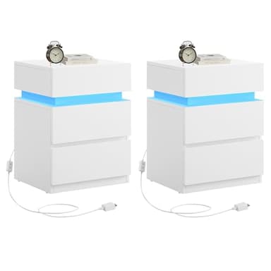 VASAGLE Nightstands with LED Lights, Set of 2, Adjustable Light Colors, Bedside Tables, Side Tables with 3 Drawers, Modern Style, 13.8 x 15.7 x 21.7 Inches, Cloud White ULET799T12 - Image 1