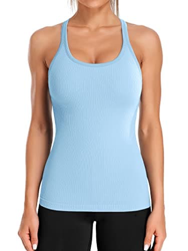 ATTRACO Workout Tank Tops with Built in Bra for Women Racerback Sports Tanks Light Blue XL - Image 1