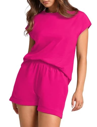 WIHOLL Airport Travel Outfit Women Crewneck Cap Sleeve Tops Elastic Pants Lounge Set Hot Pink L - Image 3