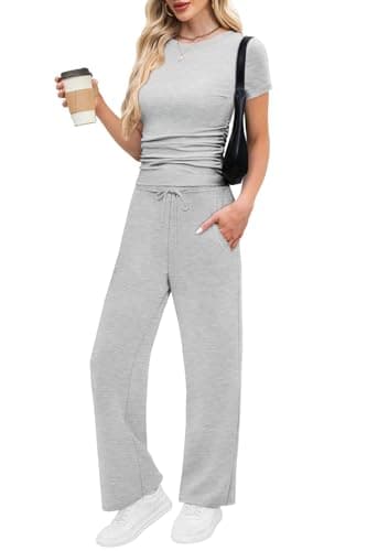 WIHOLL Matching Sets Women Clothing Summer Going Out Resort Wear Vacation Outfits 2 Piece Athleisure 2025 Petite Lounge Sets Short Sleeve Crewneck Spring Break Sweatsuits Light Grey S - Image 2