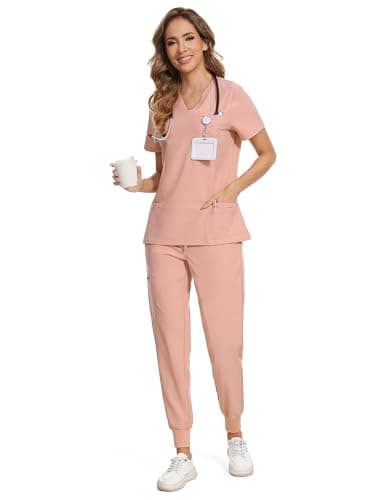 COZYFIT Women's Scrubs Set - Stretch V-Neck Top & Jogger Pant with 8 Pockets, Yoga Waistband, Anti Wrinkle, Slim Fit - Pink, S - Image 8