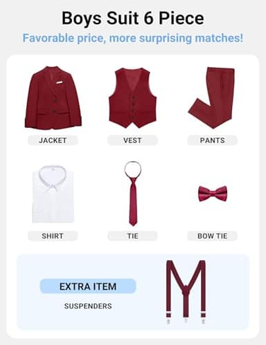 BOLADA Boys' Suit Burgundy Slim fit Suits for Kids Formal Classic 6 Piece Big Boys Tuxedos Teen Youth Size 14 - Image 2