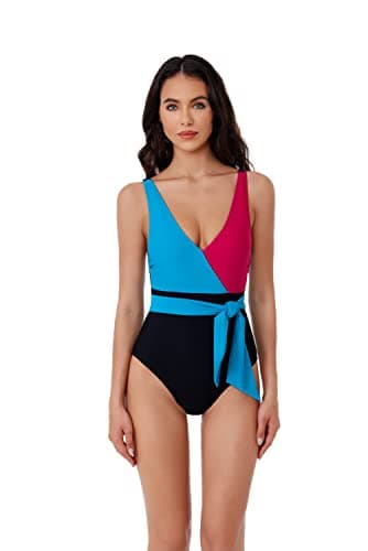 BCA by Rebecca Virtue Megan - Women's One Piece Swimsuit with V-Neck, Wraparound Waist Tie and Adjustable Back Strap, Bathing Suits for Women, Black Multi Color, Medium - Image 1
