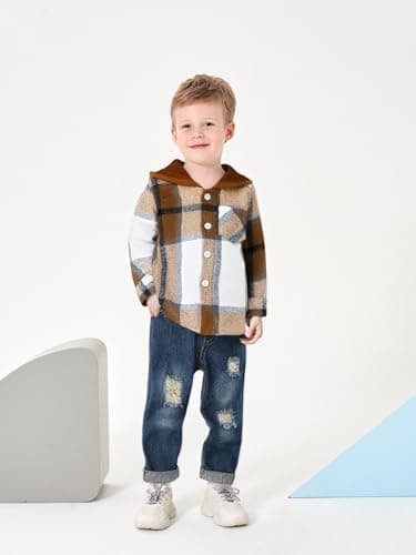 Yhnslsf 3T Boy Clothes 4T Fall Winter Baby Boy Sweatshirts Flannel Plaid Button Hoodied Shirts Ripped Denim Outfits Jeans Pants Set 3-4 Littler Boy Clothes - Image 2