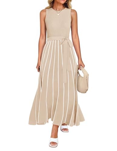 ZESICA Women's Summer Spring Midi Dress 2025 Sleeveless Ribbed Knit Tie Waist Casual A Line Sweater Dresses,Apricot,Small - Image 1