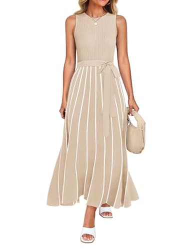 ZESICA Women's Summer Spring Midi Dress 2025 Sleeveless Ribbed Knit Tie Waist Casual A Line Sweater Dresses,Apricot,Small - Image 1