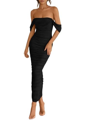 PRETTYGARDEN Womens 2025 Summer Off The Shoulder Dress Ruched Bodycon Sleeveless Split Cocktail Party Maxi Dresses (Black,Medium) - Image 1