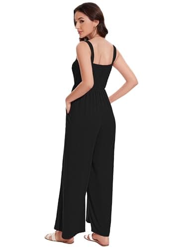 LOZ Black Jumpsuit for Women Ruched Casual One Piece Flowy Sleeveless Overalls Dressy Stretchy Loose Rompers Elegant Square Neck Summer Wide Leg Long Pants with Pockets 2025 M - Image 4
