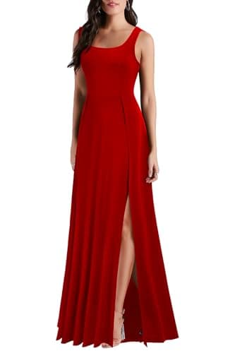 MUSHARE Women's Square Neck Sexy Split Cocktail Party Maxi Long Formal Dress Red - Image 3