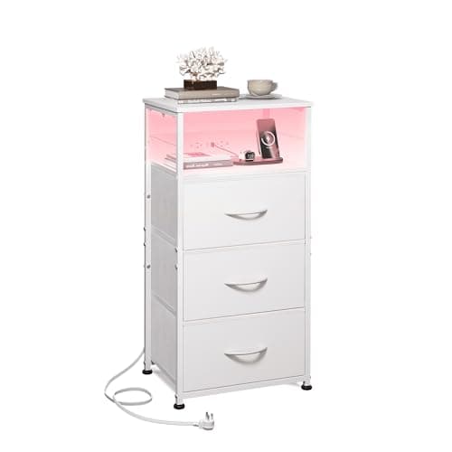 WLIVE White Night Stand with Charging Station, LED Nightstand with 3 Fabric Drawers, Tall Bedside Table with 3 USB Ports and 2 Outlets, Dresser for Small Space, 31.93" H Side Table for Bedroom - Image 1