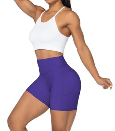 Sunzel Women's No Front Seam Biker Shorts with Pockets, High Waist Tummy Control Yoga Workout Gym Bike Shorts 5" Inseam Navy Blue Medium - Image 5